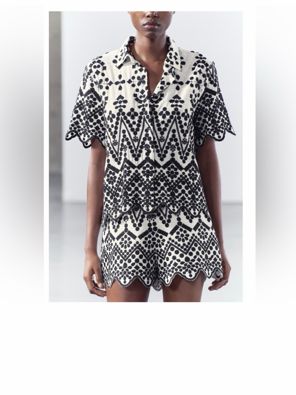 Zara White Top with Black Embroidered Floral Motif